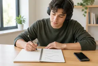 Étudiant portant un casque audio et observant quatre courbes de tons dessinées dans un carnet, à côté d’un smartphone.
