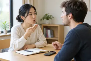 Une enseignante de mandarin aide un apprenant à travailler la prononciation dans une salle de cours lumineuse.